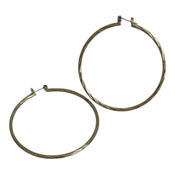 Gold Textured Hoop Earrings Twisted Ribbed Large Statement Jewelry 2 Inch VG - Picture 3 of 3